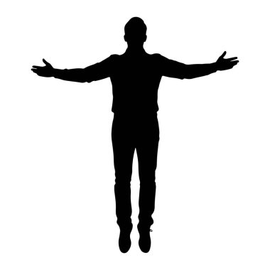 Siyah bir adam silueti kollarını yanlara doğru açmış duruyor. Pantolon, gömlek ve ayakkabı giyiyor. Arkaplan beyaz.