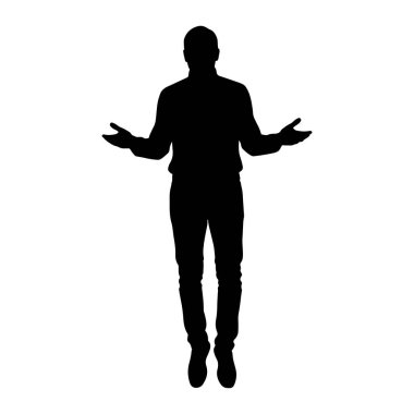 Siyah bir siluet kolları açık ve avuçları yukarı bakan bir adam. O yakalı bir gömlek ve pantolon giyiyor. Şekil sade beyaz bir arkaplanda izole edilmiştir..