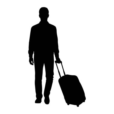 Beyaz arka planda siyah bir adam silueti tasvir edilir. O, sağ eliyle yuvarlanan bir bavulun sapını tutarak ayakta ve önde duruyor. Bavul sağına yerleştirilmiş ve silueti de var. Bu adam...