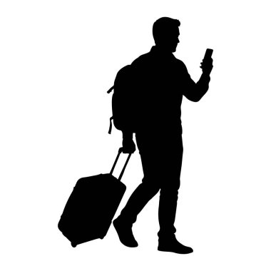 Yuvarlanan bir bavulu sapından tutup akıllı telefonuna bakan bir adamın siyah silueti. O da bir sırt çantası takıyor. Arkaplan beyaz.