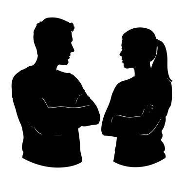 Siyah bir siluet, kollarını kavuşturarak birbirlerine bakan bir erkek ve kadın. Adam solda, kadın da sağda oturuyor. İkisi de omuzlarından yukarısı. Arkaplan beyaz.