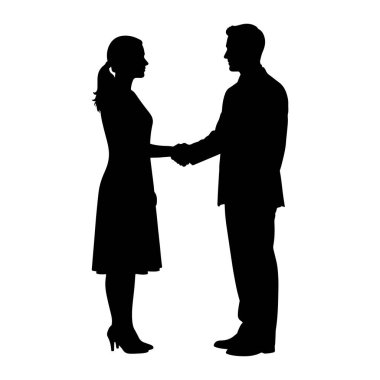 Beyaz arka planda el sıkışan bir adamla bir kadının siyah silueti. Adam takım elbise giyiyor, kadın da elbise ve topuklu ayakkabı giyiyor. Elleri tokalaşıyor, anlaşmak ya da anlaşmak için..