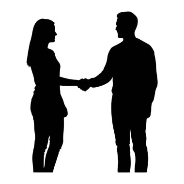 Bir erkek ve bir kadının siyah silueti ayakta ve el sıkışıyor. Adam sağda, kadın da solda oturuyor. Birbirlerine bakıyorlar. Arkaplan beyaz.