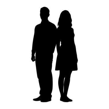 Beyaz bir arka planda sırt sırta duran bir erkek ve bir kadının siyah silueti. Soldaki adam yakalı bir gömlek ve pantolon giyiyor. Sağdaki kadın, elbise giyiyordu. Siluetleri ovaya karşı keskin bir şekilde tanımlanmıştır. 