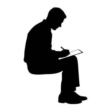 Siyah bir siluet. Kalemle tablete yazı yazan bir adam. O, yakalı bir gömlek ve pantolon giyiyor ve ayakkabıları görünür. Silüet beyaz bir arkaplanda izole edilmiş, temiz ve minimalist bir estetik yaratıyor. Adam ortaya çıkıyor. 