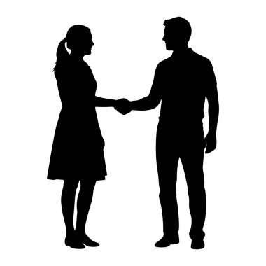 Beyaz arka planda el sıkışan bir adamla bir kadının siyah silueti. Soldaki kadın, bir elbise giyiyor ve saçları at kuyruğu şeklinde. Sağdaki adam yakalı bir gömlek ve pantolon giyiyor. Elleri cebe sıkıştı.