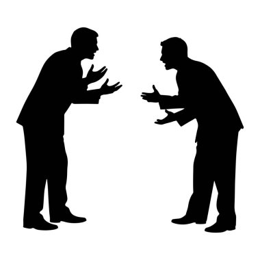 Siluetli iki adam karşı karşıya, elleri havada tartışmayı ya da hararetli tartışmayı işaret eden jestler yapıyorlar. İkisi de takım elbise giyiyor, bu da profesyonel bir ortam olduğunu gösteriyor. Arkaplan düz beyaz, figürleri vurguluyor..