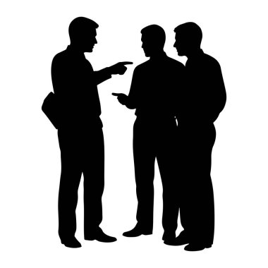 Beyaz bir arkaplan karşısında konuşan üç siyah erkek silueti. Soldaki bir adam işaret parmağıyla ona bakan diğer iki adamı işaret ediyor. Ortadaki adam dikkatle dinliyormuş gibi görünüyor.