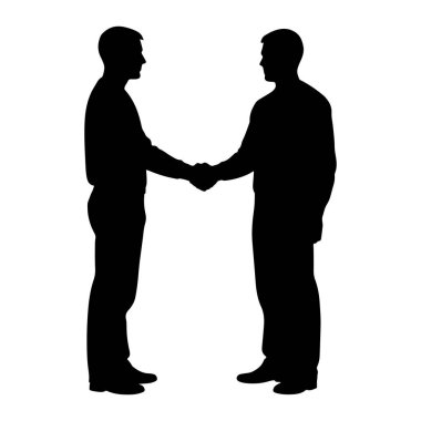 Yüz yüze duran ve el sıkışan iki adamın siyah silueti. Şekiller düz beyaz bir arkaplan üzerinde tasvir edilir.