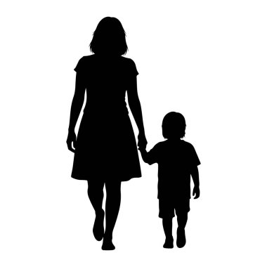 Siyah bir siluet. Bir kadın ve bir çocuk el ele tutuşarak birlikte yürüyor. Kadın daha uzundur ve bir elbise giyer, çocuk ise daha kısadır ve şort ve tişört giyer. Belden aşağısı betimlenir, ayakları bir şeye karşı hareket eder.