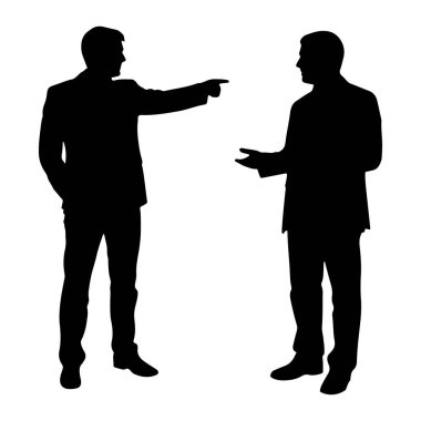 Resmi takım elbiseli iki siyah siluet beyaz arka planda karşı karşıya duruyor. Soldaki adam işaret parmağını sağdaki adama doğrultuyor, diğer eli de cebinde. Sağdaki adamın elleri açık.