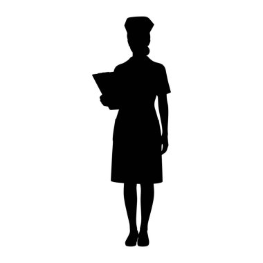Hemşire üniforması ve şapkası giyen birinin siyah silueti beyaz bir arkaplanda duruyor. Bireyin sol kolunda bir dosya ya da klasör var. Siluet, kafasındaki şapkadan ayakkabılarına kadar tüm vücut görünümünü gösteriyor.