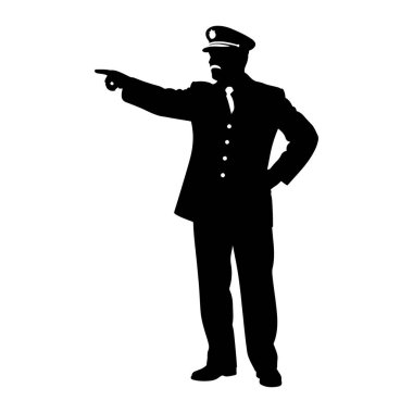 Üniformalı bir polis memurunun siyah silueti bir eli kalçasında, diğer eli de önde duruyor. Subay rozetli bir şapka, dört düğmeli bir ceket, bir kravat, pantolon ve ayakkabılar giyiyor. Bu figür beyaz bir arka grupta izole edilmiştir.