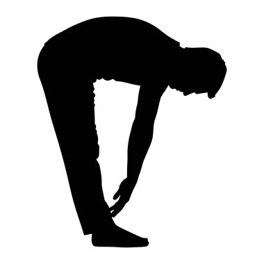 Siyah bir siluet, başı öne eğik ve bir eli ayağına dokunan bir insan. Şekil kenardan düz beyaz bir arkaplan ile gösterilir. Duruş esneme ya da yoga pozisyonu olduğunu gösteriyor..