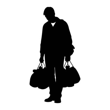 Siyah bir siluet beyaz bir arkaplanda duruyor. Başı hafifçe eğilmiş, tepeden tırnağa tasvir edilir. Sıradan bir kıyafet giydiklerini gösteren giysiler giyiyorlar. Her iki elinde de iki büyük kütle taşır.