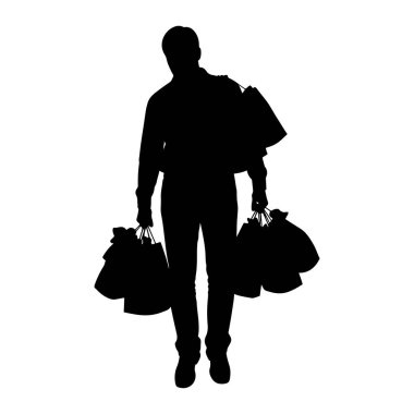 Siyah bir siluet beyaz bir arkaplanda duruyor. Kişi birden fazla alışveriş torbası taşıyor, bazıları ellerinde ve diğerleri de omuzlarının üzerinde asılı. Şekil yürüyor gibi görünüyor..