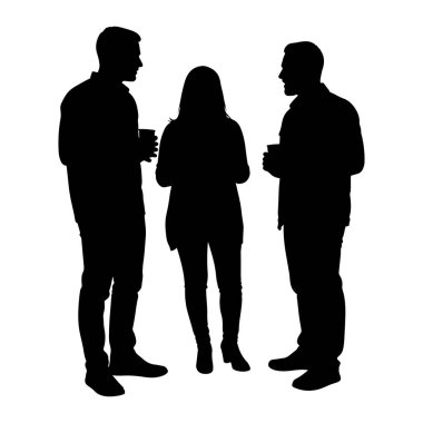 Üç kişinin siluetleri, iki erkek ve bir kadın, ayakta durup sohbet ediyorlar. Herkes elinde bir bardak tutuyor, içki içtiğini gösteriyor. Rakamlar siyah ile bembeyaz bir arkaplan üzerinde tasvir edilir, bir grafik ve minimalist oluşturur