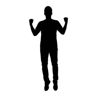 Siyah bir siluet kollarını kaldırmış ve kutlama jestinde yumruklarını sıkarak durur. Bu figür bir tişört ve kot pantolon giyiyor, ve ayakları hafifçe ayrık. Siluet, düz beyaz bir arkaplan üzerinde izole edilir, kreat