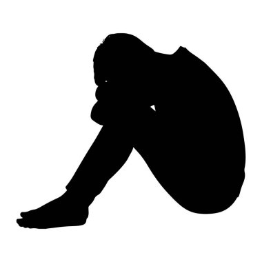 Bir kişinin siyah silueti, beyaz arka plana doğru kıvrılmış bir şekilde tasvir edilir. Bu figür, dizleri göğsüne ve kollarına kadar çekilmiş, başı eğik bir şekilde oturuyor. Taslak keskin ve tanımlı, sert bir çizgi oluşturuyor.