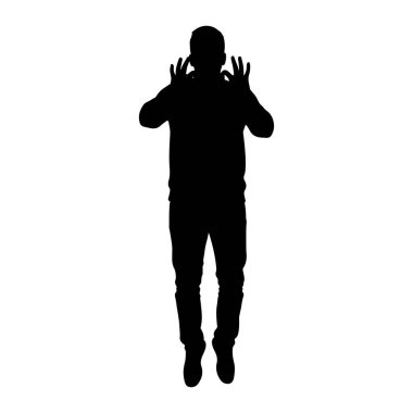 Beyaz bir arkaplana karşı duran siyah bir siluet. Günlük kıyafetler giyiyor. Gömlek, kot pantolon ve ayakkabılar da dahil. Elleri havada ve kulaklarının yanında, parmakları açık bir şekilde, sanki bir sese ya da eski sevgiliye tepki veriyor gibi.