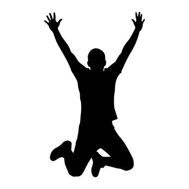 Siyah bir siluet, beyaz bir arka plana doğru atlayış yaparken görüntülenir. Kolları tamamen yukarı doğru uzanıyor, elleri açık, bir neşe ve zafer hissi veriyor. Vücut dinamik olarak konumlandırılmış, bacakları bükülmüş ve bir fo