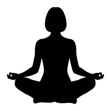 Nilüfer çiçeğinde meditasyon yapan birinin siyah silueti beyaz bir arkaplana karşı. Şekil bacak bacak üstüne atmış ve elleri dizlerinin üstünde, parmakları mudra hareketinde. Siluet temiz ve basit, sakin bir durumu temsil ediyor.