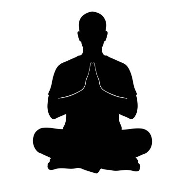 Oturmuş çapraz bacaklı bir pozisyonda meditasyon yapan siyah bir siluet. Elleri göğsünün önünde birbirine yaslanır ve başları hafifçe eğilmiştir. Siluet düz beyaz bir arka planda, ince bir beyazla kaplıdır.