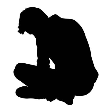 Bacak bacak üstüne atmış, başı öne eğilmiş siyah bir siluet. Şekil, beyaz bir arkaplana göre izole edilmiş ve katı bir zıtlık yaratıyor. Poz, iç gözlem ya da tefekküre işaret ediyor..