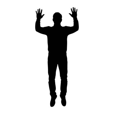 Siyah bir siluet. Kolları yukarıda ve elleri açık duran bir kişi. Uzun kollu gömlek ve pantolon da dahil olmak üzere günlük giysiler giyen figür, orta atlamada veya düz beyaz bir taşralıya karşı kutlama pozunda gibi görünüyor.