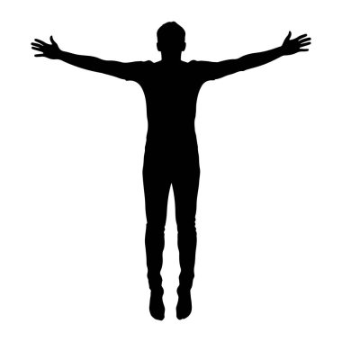 Siyah bir siluet, kollarını yana doğru açmış duran bir kişi. Bu figür bir tişört ve pantolon giyiyor. Arkaplan düz beyaz.