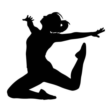 Hareketli ve zarif bir pozda yakalanmış, sıçrayışın ortasında siyah bir siluet. Şeklin kolları öne ve arkaya doğru uzanıyor, bir bacağı arkaya uzanıyor ve diğeri öne eğiliyor. Kafası geriye doğru eğilmiş, egzersiz yapmayı öneriyor.