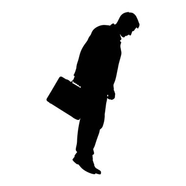 Resmi giyinmiş siyah bir adam silueti başı öne eğik ve vücudu öne eğik durur. O, sağ elinde bir evrak çantası tutuyor. Siluet beyaz bir arkaplanda izole edilmiş..