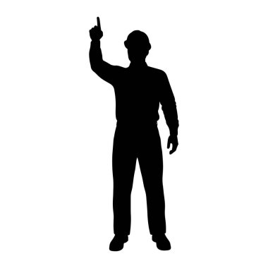 Siyah bir siluet, yüzü öne dönük, uzun kollu pantolonlu bir şapka giymiş bir adam. Sağ kolu kaldırılmış ve işaret parmağı yukarı doğru işaret ediyor. Şekil beyaz bir arkaplanda izole edilmiştir..