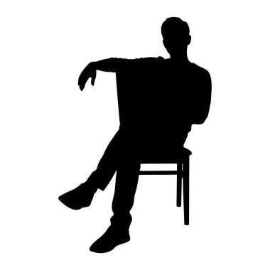 Sandalyede oturan siyah bir adamın silüeti. Bacak bacak üstüne atmış ve bir kolu bacağında dinleniyor. Arkaplan beyaz.