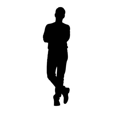 Kolları çapraz, bacakları çapraz duran bir adamın tüm vücudu silueti. Beyaz arkaplan karşısında siyah bir figür var..