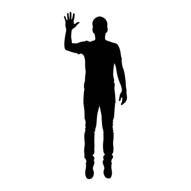 Sağ eli havada duran ve el sallayan bir adamın siyah silueti. O bir tişört ve kot pantolon giyiyor. Arkaplan beyaz.
