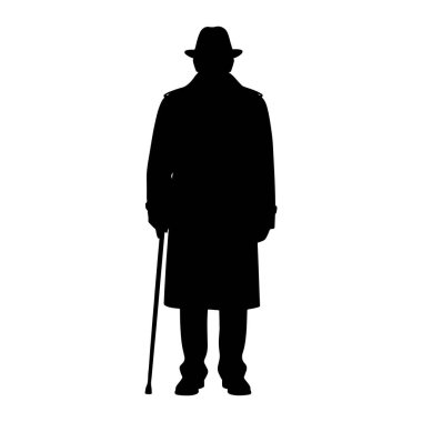 Beyaz bir arkaplana karşı duran siyah bir siluet. O bir şapka ve uzun bir ceket giyiyor ve sağ elinde bir baston tutuyor. Şekil tepeden tırnağa tasvir ediliyor, baston elinden yere doğru uzanıyor..