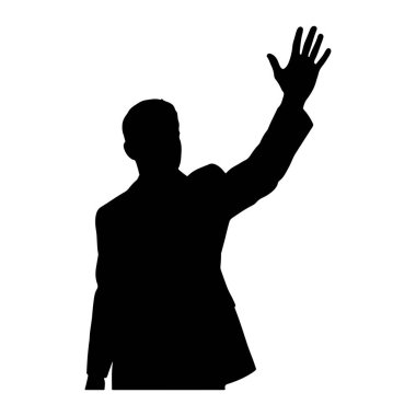 Takım elbiseli bir adamın siyah silueti beyaz bir arkaplanda duruyor. Sağ kolu kaldırılır, ve el sallayarak parmakları açık bir şekilde açılır. Siluet temiz ve keskin. Yüzünde belirgin bir şekil ya da torba yok.