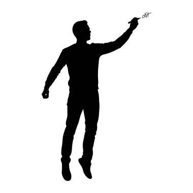 Bir adamın siyah silueti havada tasvir edilir, sağ elinde bir kalem tutar ve beyaz arka planda el yazısıyla 