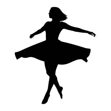 Akan bir elbise giymiş siyah bir dansçı silueti, düz beyaz bir arka planda hareketin ortasında görüntülenir. Kolları dışa doğru uzanıyor, ve bacakları dinamik bir pozisyonda, bu da bir dönüşe işaret ediyor. Elbise etrafta parlıyor.