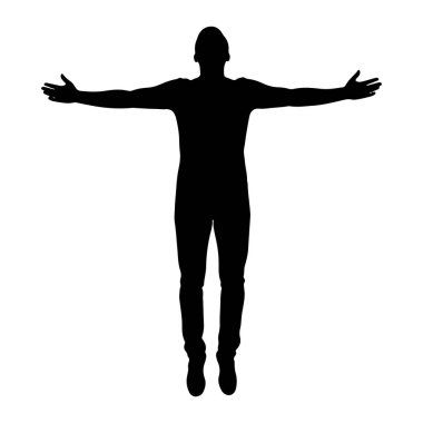 Kollarını yatay olarak açarak ayakta duran bir insan silueti. Beyaz arka plana karşı koyu siyah bir figür. Bu kişi sıradan kıyafetler giyiyor gibi görünüyor, pantolon ve ayakkabılar da dahil. Poz açıklık, hoş geldin, o