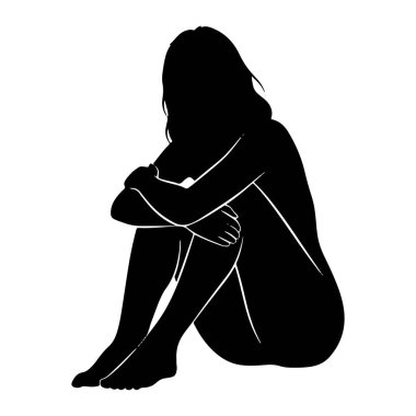 Siyah bir siluet, dizleri göğsüne ve kollarına kadar çekilmiş bir şekilde oturan biri. Şekil yana bakıyor ve başları eğik. Siluet beyaz bir zemin üzerinde, ince beyaz çizgiler vurgulanıyor.