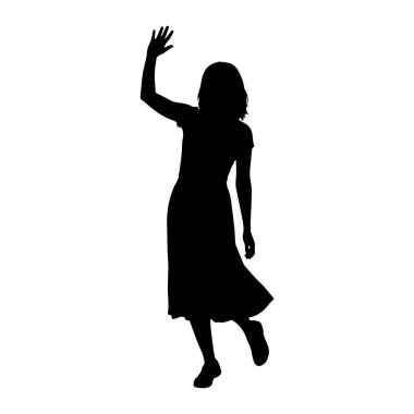 Bir kişinin siyah silueti sağ kolu havada ve elleri açık, avuç içi öne bakacak şekilde el sallayarak durur. Kişi altta parlayan bir elbise giyiyor ve hareket ediyor gibi görünüyor. Siluet beyaz bir gölgede izole edilmiş. 