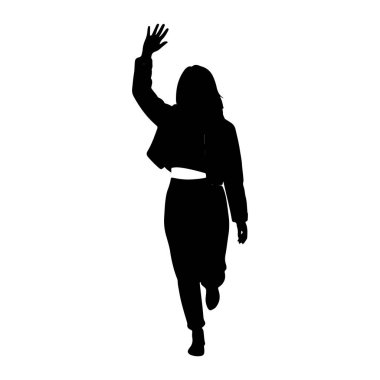 Siyah bir siluet sağ kolunu kaldırmış ve el sallayarak ayakta duruyor. Şekil öne bakıyor ve bir bacağı hafifçe öne doğru yürüyor ya da adım atıyor gibi görünüyor. Siluet bir yerde izole edilmiş.