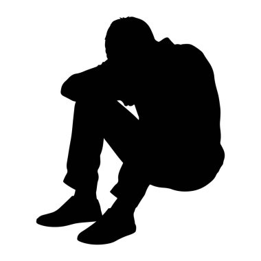 Bir kişinin siyah silueti dizleri göğsüne ve kollarına kadar çekilmiş bir şekilde otururken resmedilir. Şekil kambur, başları eğik. Siluet, isola 'yı vurgulayan düz beyaz bir arkaplan üzerine kurulmuş.