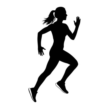 Siyah bir siluet. Uzun adımlı bir kadın. Saçı at kuyruklu. Kolları koşu pozisyonunda ve atletik ayakkabılar giyiyor. Resim beyaz bir arkaplanda izole edilmiştir.