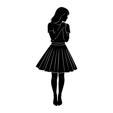 Siyah bir kadın silueti beyaz bir arkaplanda duruyor. O bir tişört ve pileli bir etek giyiyor. Elleri göğsünün önünde birbirine kenetlenmiş ve başı hafifçe eğilmiş. Bu da dua ya da tefekkür olduğunu gösteriyor. Sil