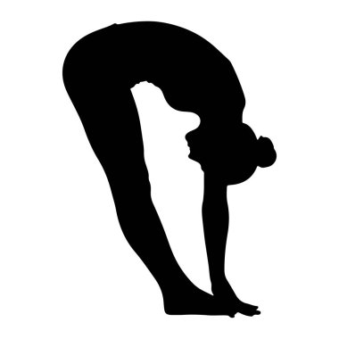 Siyah bir siluet, beyaz bir arkaplanda öne eğilmiş yoga pozunda tasvir edilir. Şekil belden bükülür, başı bacaklara doğru eğilir ve eller ayaklara doğru uzanır. Poz esnekliği vurguluyor.