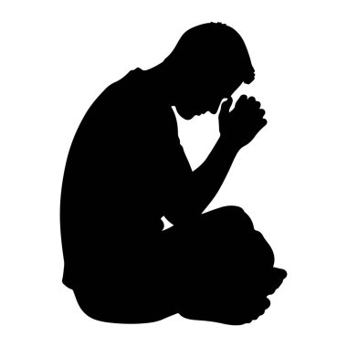 Siyah bir siluet, dizleri bükük oturan ve elleri yüzünün önünde birbirine yapışan bir insan. Başı eğik bir şekilde dua eder ya da derin bir düşünceyle eğilir. Arkaplan bembeyaz, figürü izole ediyor..