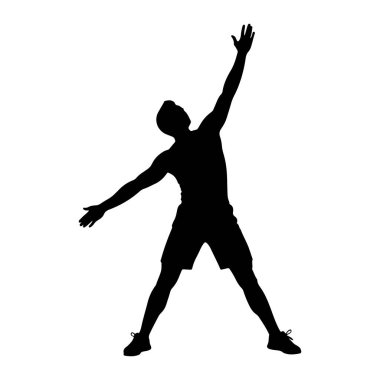 Bir kişinin siyah silueti beyaz arka planda tasvir edilir. Bireyin dinamik bir duruşu vardır, bacakları ayrık ve bir kolu yukarı doğru uzanmış, diğer kolu ise yana doğru açılmıştır. Esneme hareketleri var gibi görünüyor. 